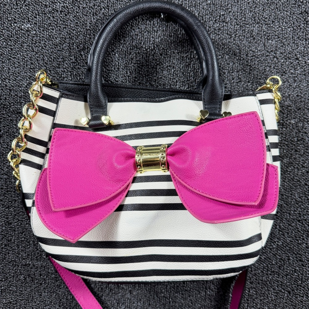 Betsey Johnson Striped Satchel Hand Bag Pink Bow Gold‎ Hardware Black White